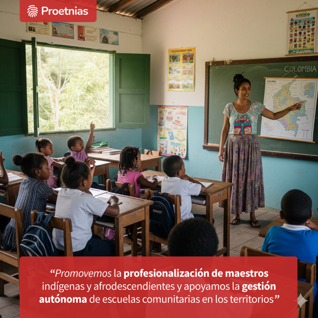 Promovemos la profesionalización de maestros indígenas y afrodescendientes, y apoyamos la gestión autónoma de escuelas comunitarias en los territorios. 