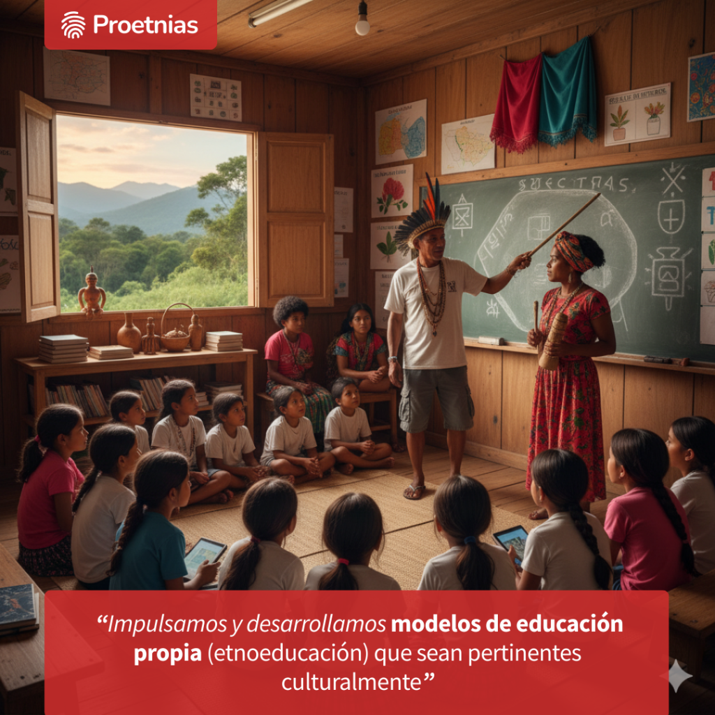 Impulsamos y desarrollamos modelos de educación propia (etnoeducación) que sean pertinentes culturalmente, que inculquen la identidad étnica y el respeto por la naturaleza, y que fortalezcan los sistemas de conocimiento tradicionales, conforme a la Ley 70 de 1993. 